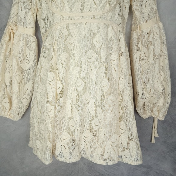 Free People Dress Womens 0 Lace Boho Peasant Long Sleeve Mini Ruffle - Picture 9 of 16